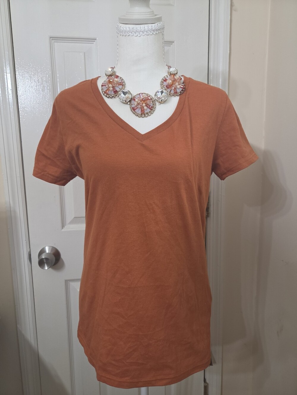 Women's V-Neck Short Sleeve Top in Rust